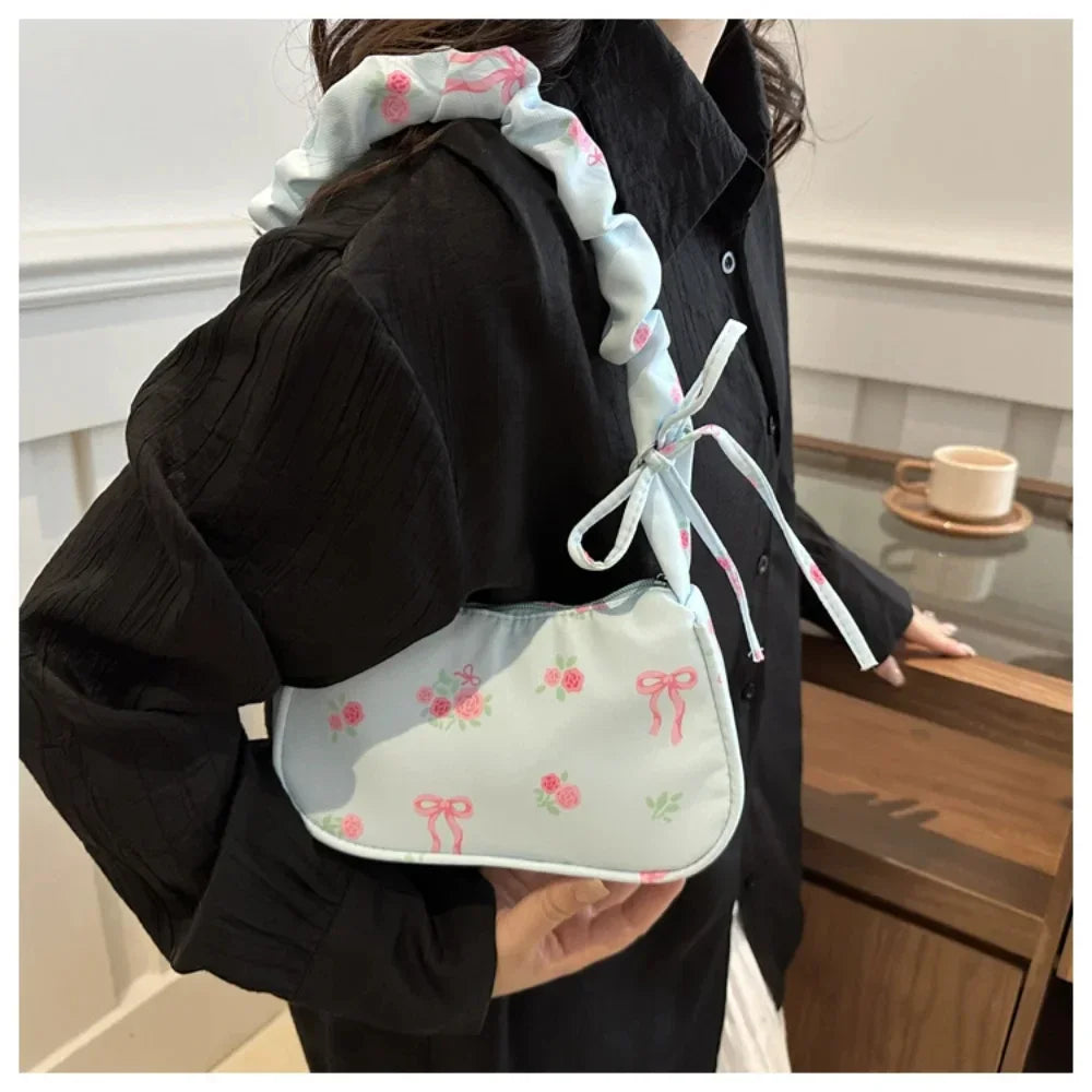 Women's Bag Summer Canvas Pleated Handlebags Armpit Bag Korean Floral Bow Printed Zipper Tote Bag Female Small Shoulder Bags