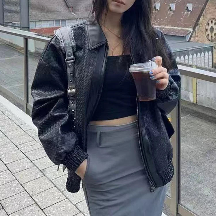 High-fashion Women Clothing 2025 New In Hand Knitting 100 % Leather Jacket Feminina Streetwear Burgundy Dropped Shoulder Coat