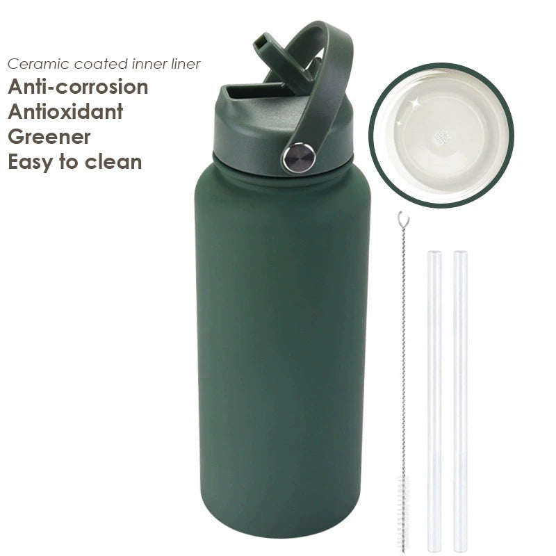 1000ML Water Bottle With Straw Lid Vacuum Insulated FlaskThermos Tumbler Ceramic Anti-Corrosion Coating Custom Gifts