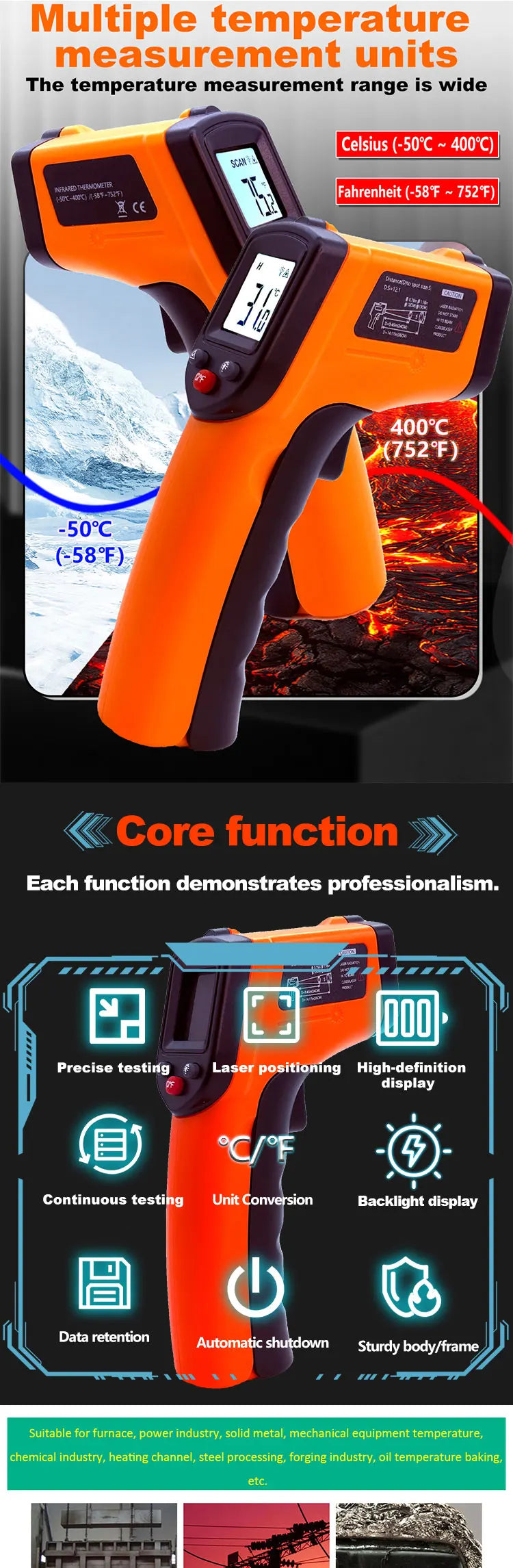 Laser Temperature Gun Infrared Thermometer Sensor Handheld Non-contact IR LCD Industrial Pyrometer Digital BBQ thermometer400 °C