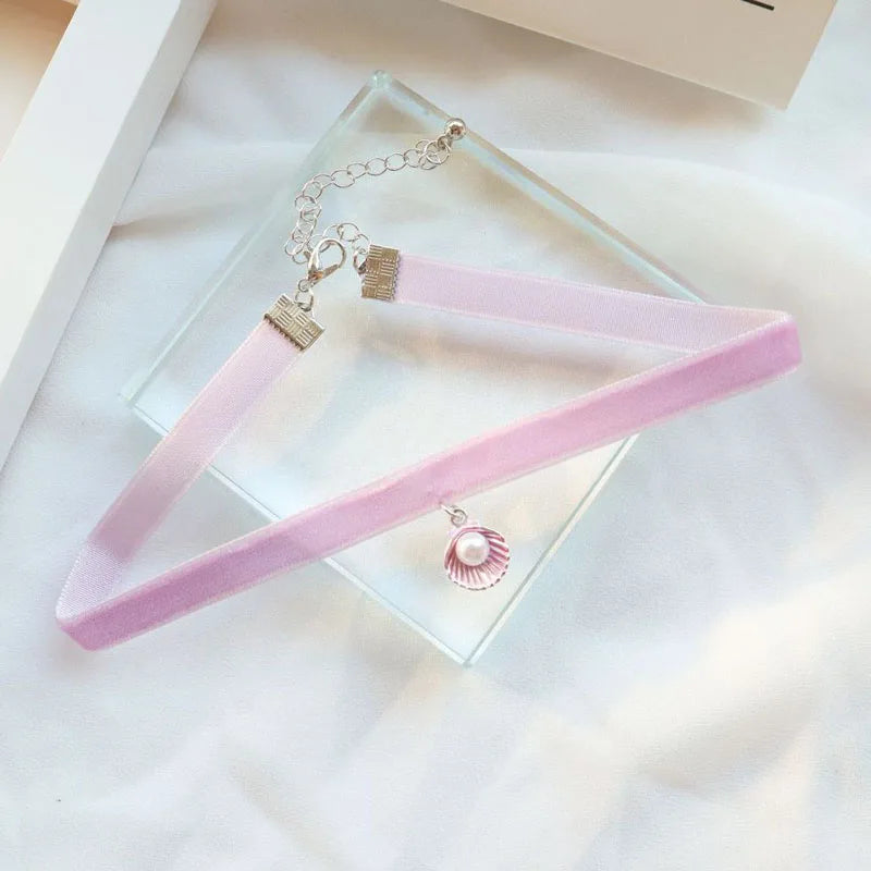 Lace Velvet Sexy Shell Pendant Necklace for Women Neck Clavicle Pink Bow Star Pearl Chokers Lady Jewelry Accessories Girl Gift