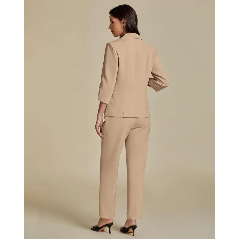 Pant Suits for Women Dressy 2 Piece Business Casual Outfits 3/4 Sleeve Blazer Straight Leg Pant Sets Office Work