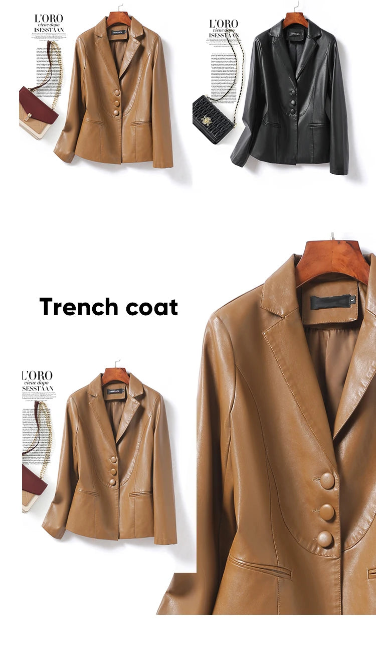 2024 New Women's Sheepskin Leather Jackets Fashion Lapel Collar Single-breasted Office Ladies Slim Casual Short Blazer Coats