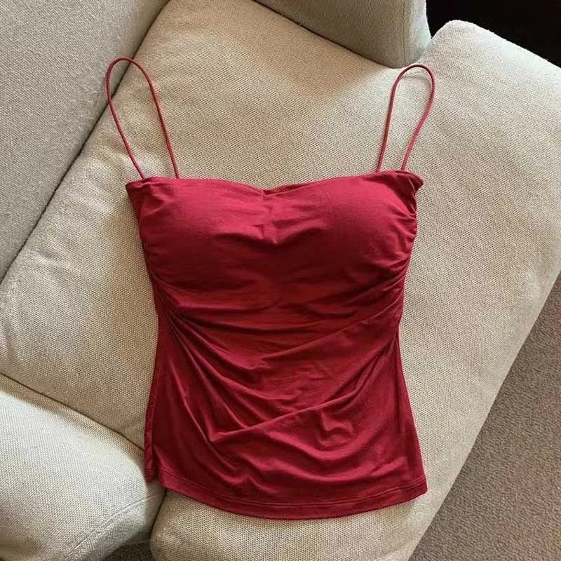 Summer Camisoles Tank Tops Women With Built In Bra  Strap Tanks Vest Sleeveless Tees Cropped Top Solid Color Casual Top