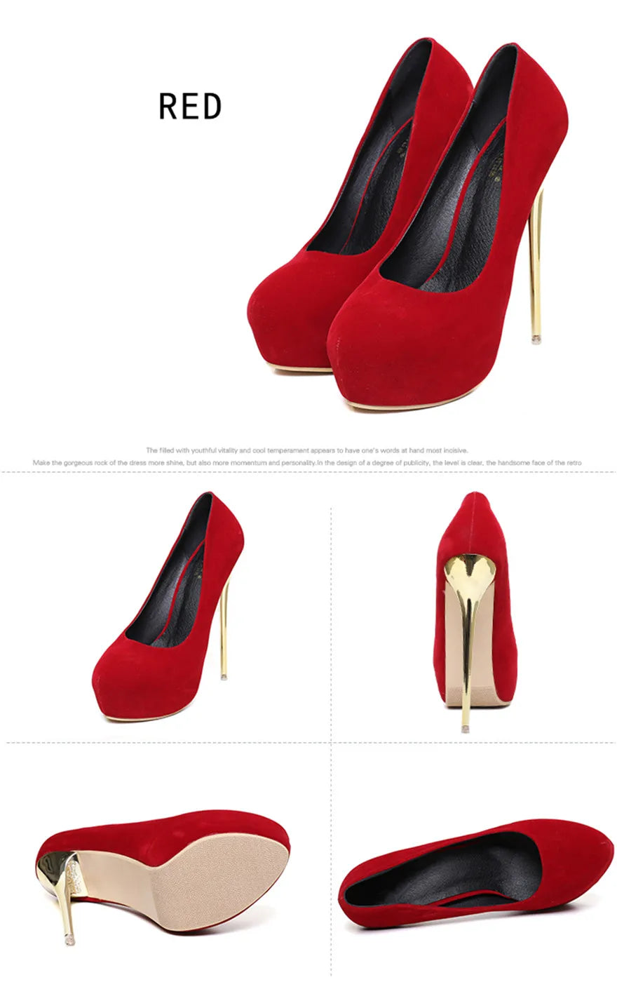 Women Red Wedding Shoes Autumn Fashion Platform Shallow Female Pumps Soft Flock Round Toe Super High Heels Party Shoe Size 41-47
