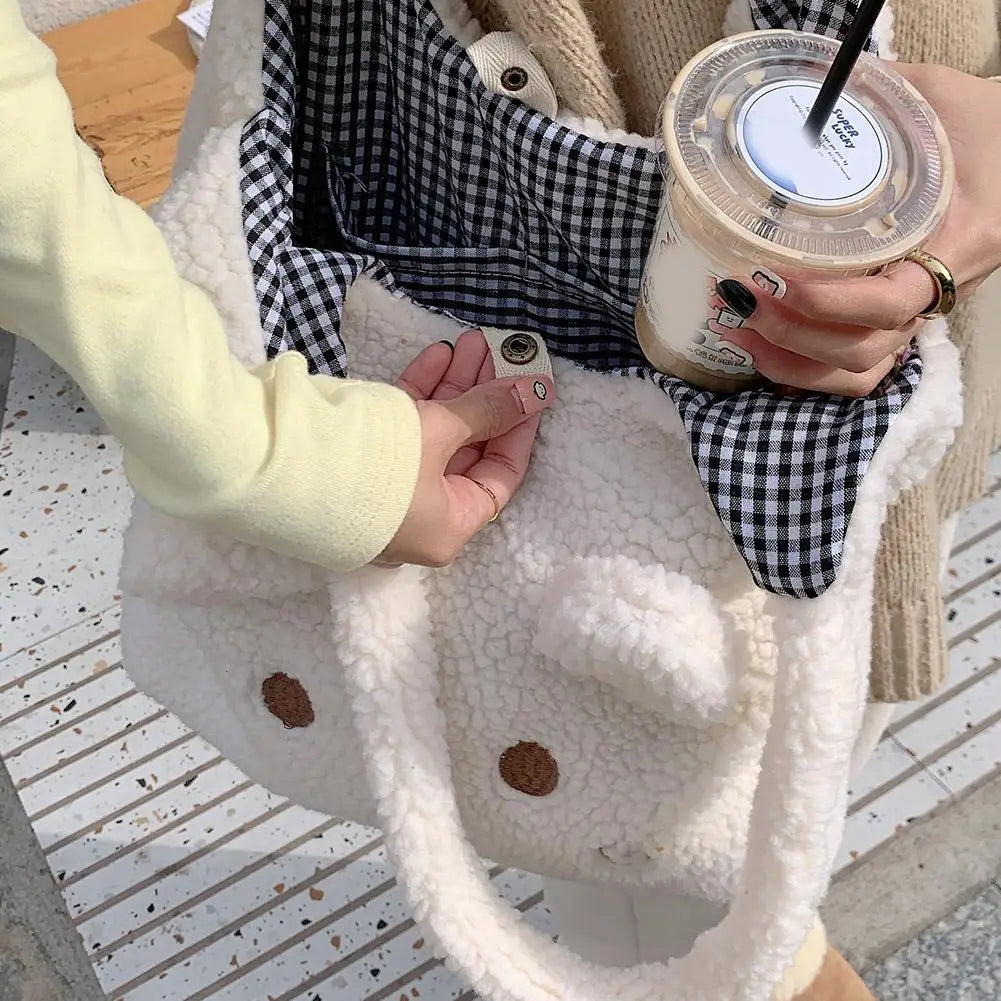 School Bag Cartoon Embroidery New Winter Soft Plush Tote Bag Shopper Bag Shoulder Bag For Women Cute N8Y7