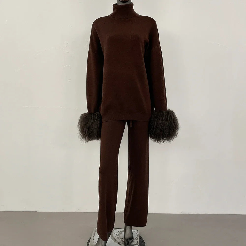 Coat Women Knitted Suit Women's Sweater Set Real Mongolian Sheep Fur Cuffs High Quality Wool & Blend Knitted Pullover and Pants