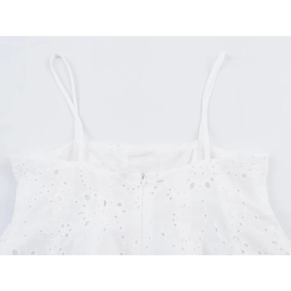 Women Summer Vacation Co Ord Outfits Elegant White Embroidered 2 Piece Set Cropped Top with Thin Straps Matching Cape Midi Skirt