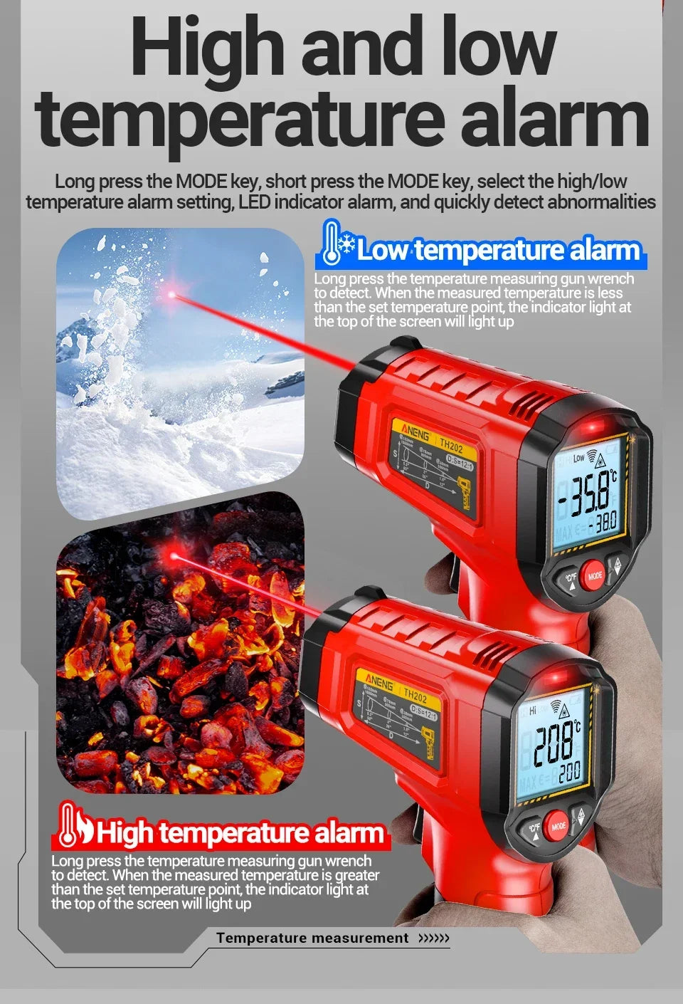 Infrared Thermometer ANENG Non-contact -50~600℃ Digital Laser Temperature Meter TH202 LCD display Pyrometer Point Gun Tester