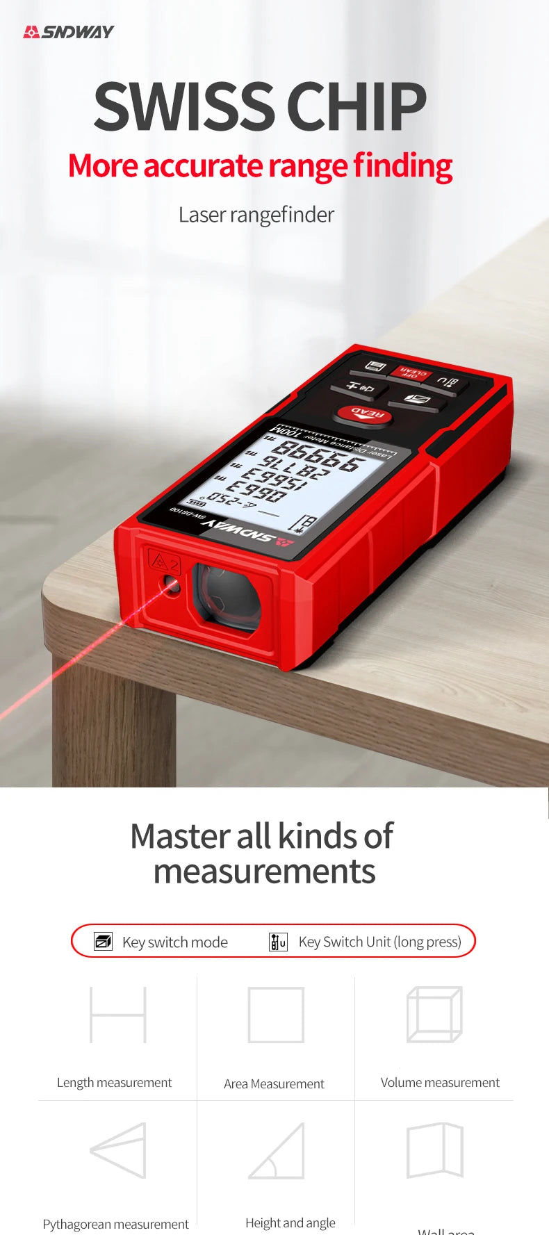 SNDWAY Laser Distance Meter 50m 70m 100m 120m Rangefinder Digital Range Finder Trena Roulette Ruler Distance Measuring Tape