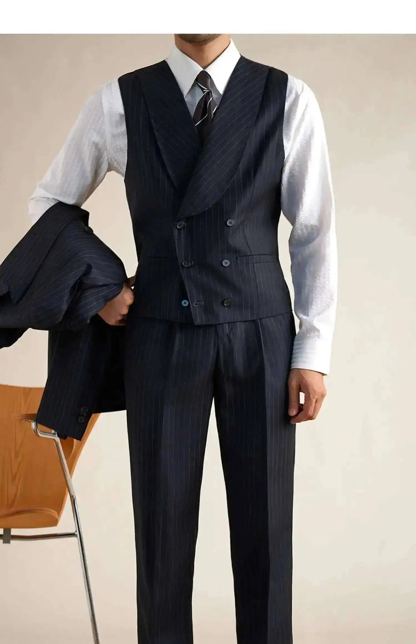 Wool Italian Blazers Suit For Men Business Double Breasted Wedding Tuxedo Suit Smoking Homme Mariage Striped Suit 3 Piece Homme