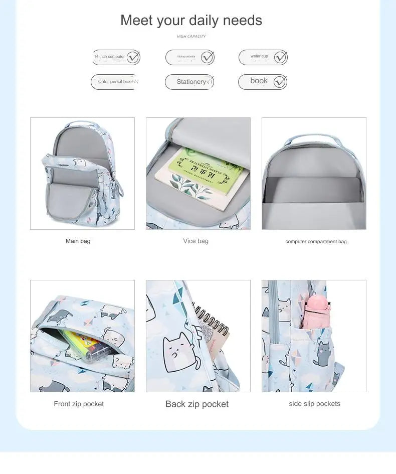 School Bags for Girls Cute Printing Cat School Backpack and Handbag Kawaii Children Backpack Back To School 2024 Mochila Escolar
