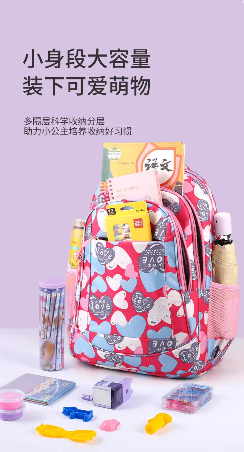 Student Boys And Girls School Bags Love Heart Printed Student Shoulder School Bags 1-6 Grade Light Weight Double  Shoulder Bags