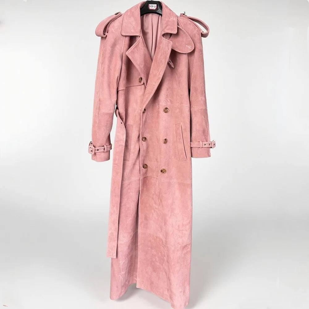 Suede Burgundy Long Coat Double Breasted Windbreak Length 150cm Women's Real Suede Coat