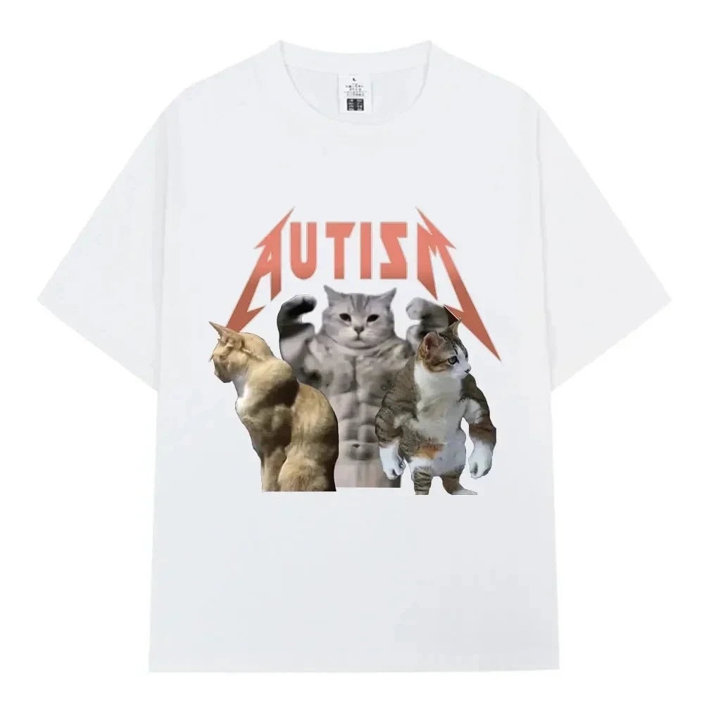Autism Metal Rock Buff Cats Meme T-shirt Men Women Fashion Hip Hop Short Sleeve Oversized T-shirts Summer Sport Loose TShirt Top