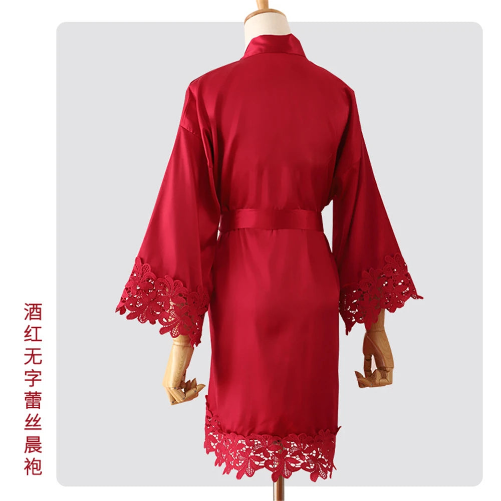Wedding Embroidery Bride Bridesmaid Kimono Dresses Lace Gown Sexy Women Robes Home Gown Bathrobe Short Night Shirts Sleepwear1PC