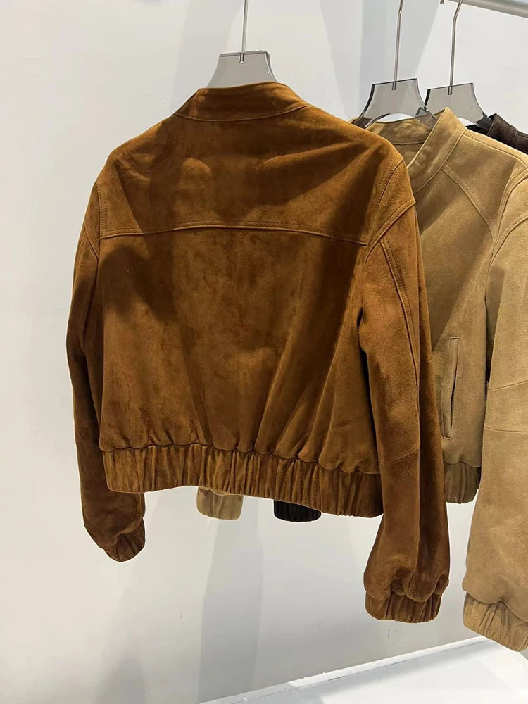 2025 Imported Goat Suede Jacket For Women Retro Standing Collar Versatile Slimming Elastic Waist  Leather Coat Chaquetas Bomber
