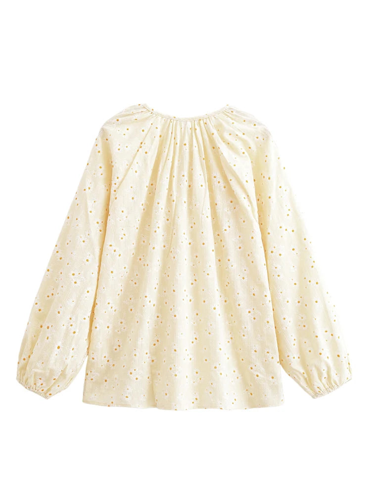 Retro Vintage Fashion Women daisy Floral Embroidery Linen Cotton Beach Bohemian Blouse Shirts Tops Long Sleeve Loose Boho Blusas