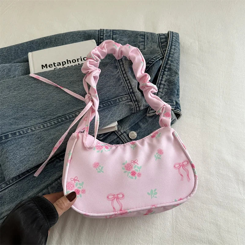 Women's Bag Summer Canvas Pleated Handlebags Armpit Bag Korean Floral Bow Printed Zipper Tote Bag Female Small Shoulder Bags