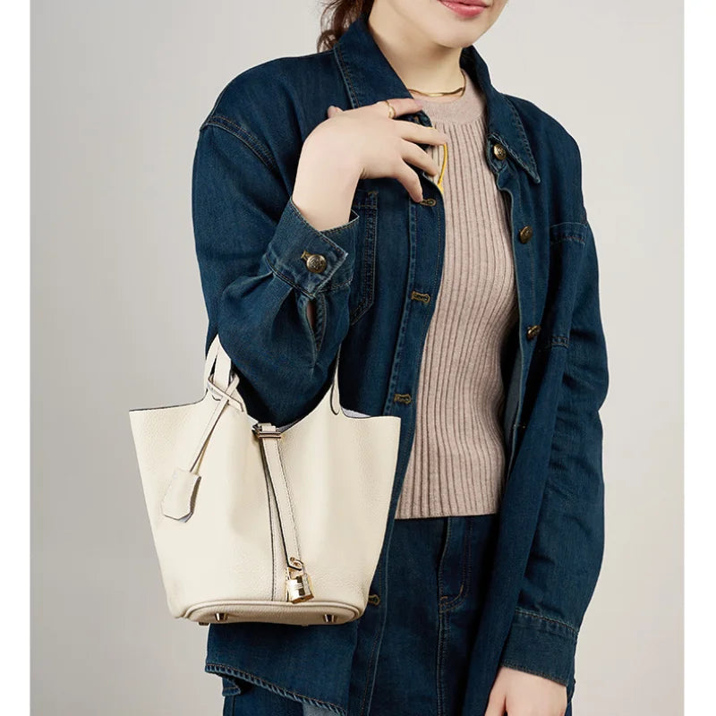 Ladies Handbag Female Bucket Bag Basket Shoulder Bag Travel BagLeather Bucket BagLarge Soft Leather Tote with Lock Daily