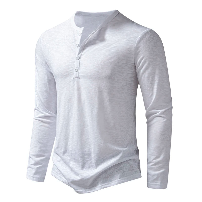 New Men's Cotton Henley T Shirt Long Sleeve T-Shirts Basic Casual Button Collar Breathable Daily Top Tees