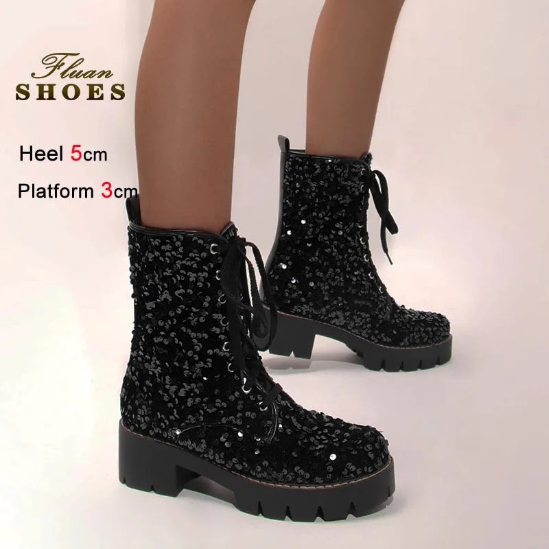 2025 New Fashion Women Shoes Front Lace Up Sequin Short Boots Coarse Heel Stage Show Ankle Boots Ladies Party Casual Short Boots