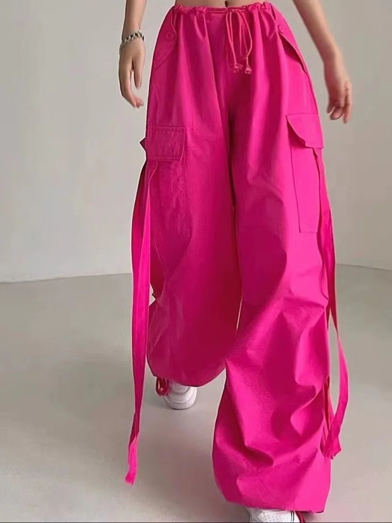 Pink Sash Loose Wide Leg Pants Women's Spring Summer Thin Drawstring Trousers Casual Loose Long Pants Trendy Commute Style