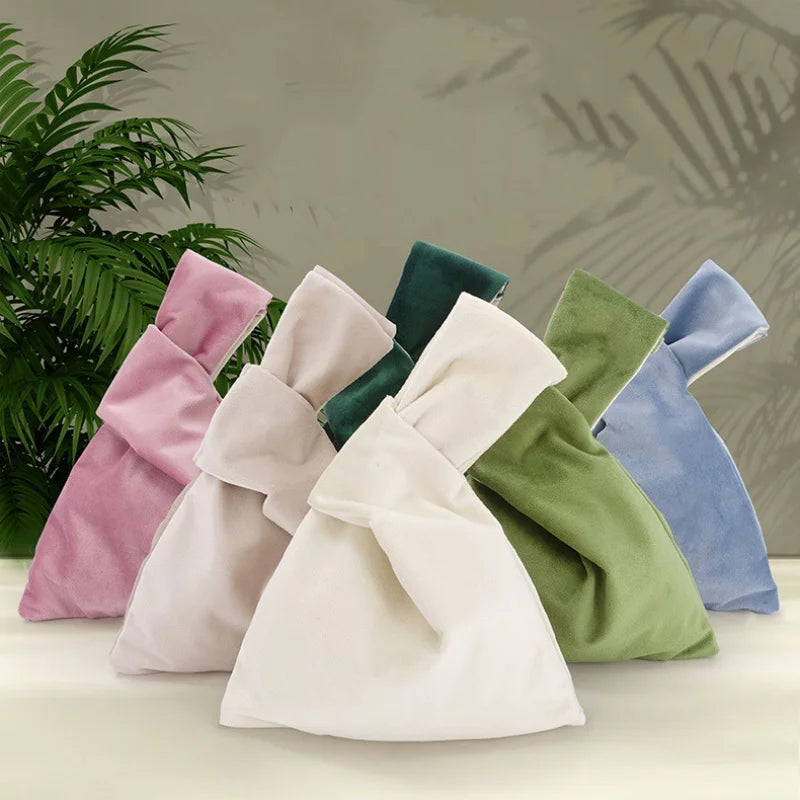 Women  Knot Wrist Bag Handmade Casual Knit Handbag Soft Velvet Tote Bag Student Reusable Shopping Bags Woman Cosmetics Bag