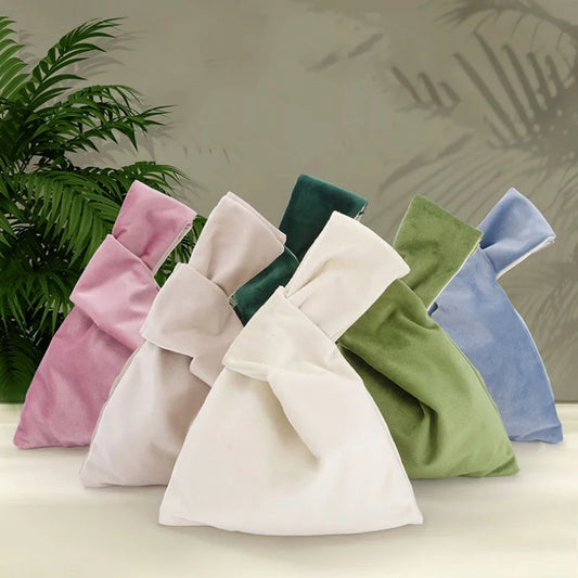 Women  Knot Wrist Bag Handmade Casual Knit Handbag Soft Velvet Tote Bag Student Reusable Shopping Bags Woman Cosmetics Bag