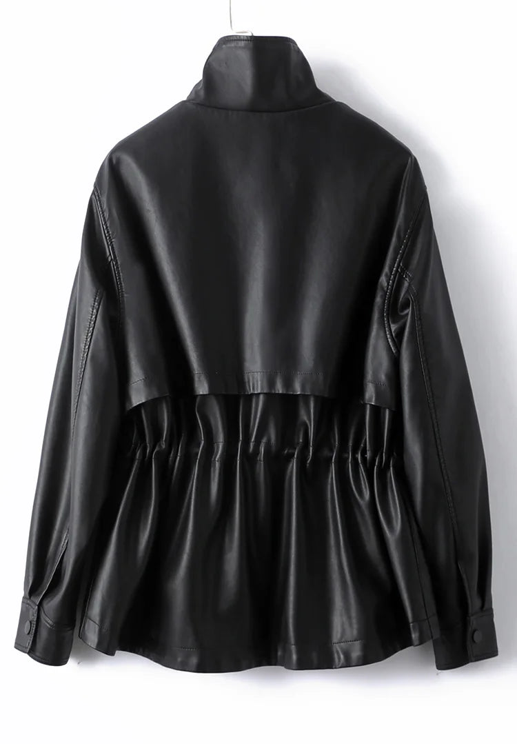 M-3XL Fashion Stand Collar Shrink Waist Sheepskin Jackets 2024 Fall Casual Loose Female Zipper Covered Button Split Leather Coat