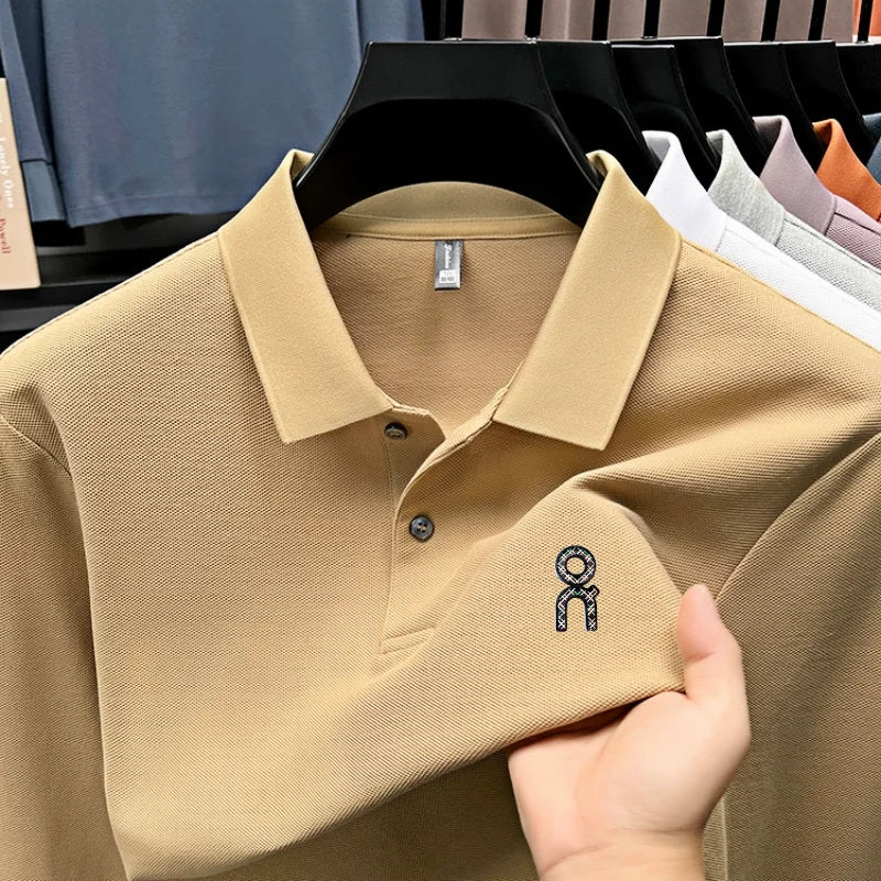 100% pure cotton polo shirt long sleeved men's brand fashionable embossed T-shirt sports breathable spring autumn casual new top