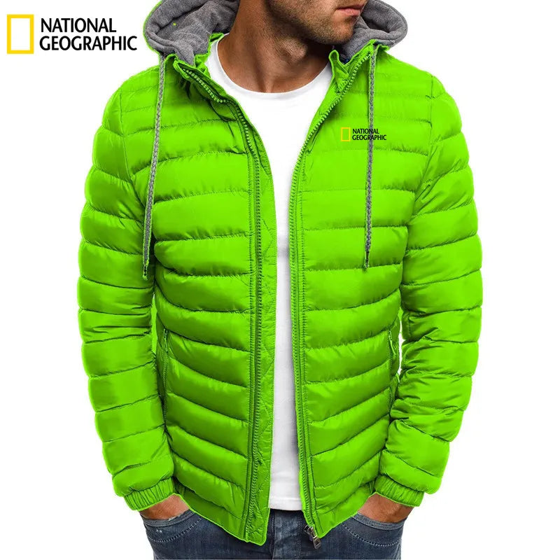 2025 New National Geographic Men's Cotton Padded Coat for Autumn and Winter, Embroidered Warm Hooded Zipper Hooded Coat for Men