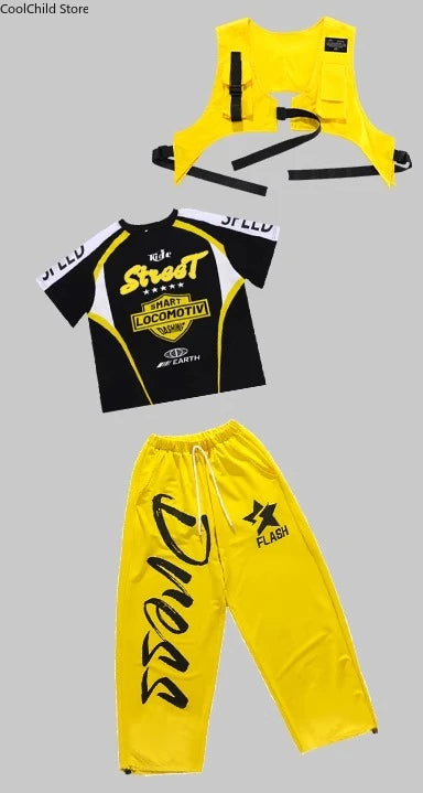 Boys Hip Hop Contrast T-shirt Yellow Vest Sweat Pants Girls Street Dance Jazz Costume Children Clothes Set Kids K-pop Streetwear