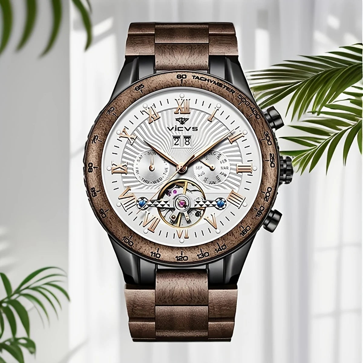VICVS Walnut Men's Mechanical Watch for Him, Wooden Watches, Best Man Watches, Boyfriend Gifts, Dad Gifts Mechanical Watches