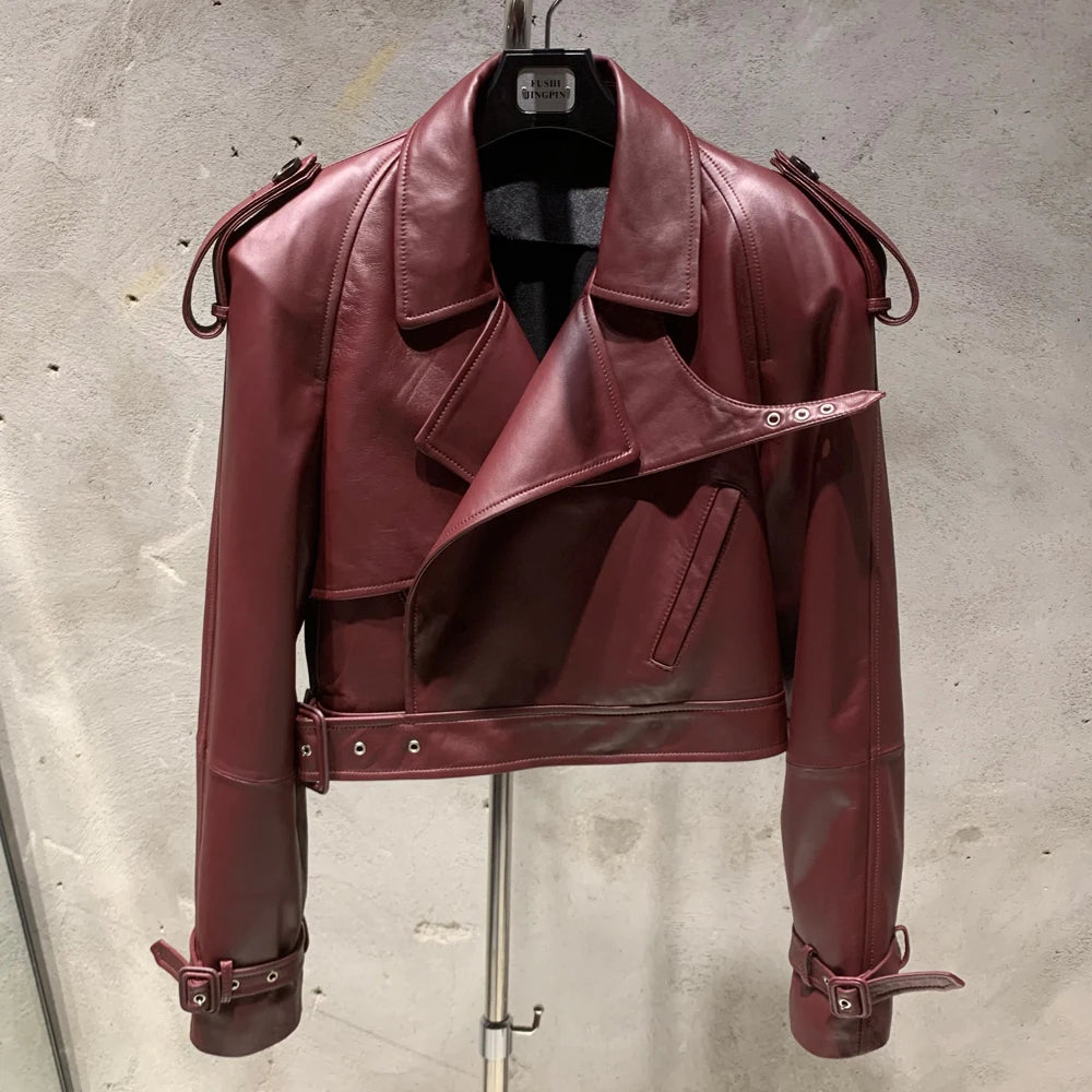 Embossed Leather Jacket Women Winter Genuine Sheep Leather Coat Wide Shoulder and Paddad 23012