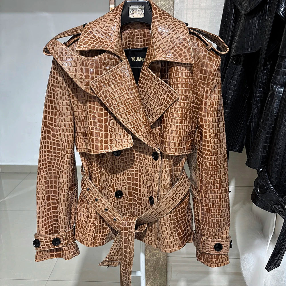 YOLOAgain Double Breasted Croc Pattern Leather Jacket Women 2023 Autumn New Genuine Leather Jacket Ladies