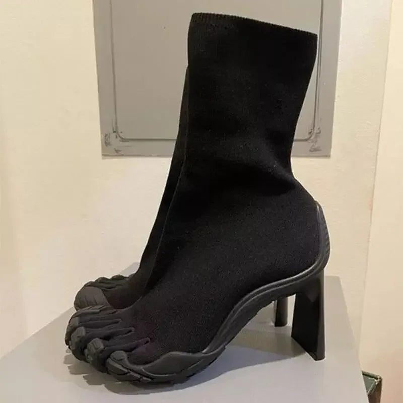 Five Finger Toe Fashion Novel Women Boots Black/pink/white High Heel Ankle Boots 2025 New Elastic Mesh Cloth Luxury Socks Boots