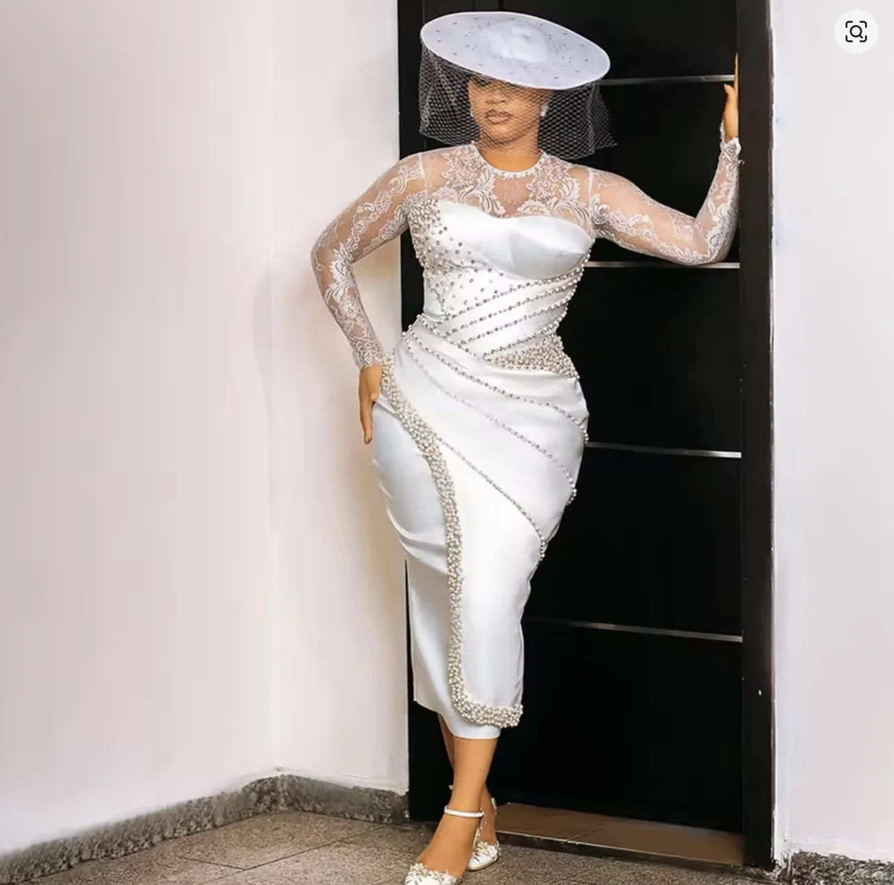Short Wedding Dress O-Neck Lace and Pearl Beaded Tea-Length Bridal Customized Long Sleeves Marriage Satin Gowns