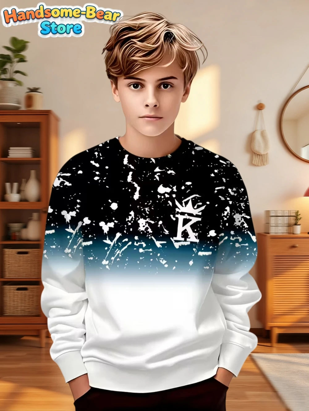 Autumn Classic Boys Sweatshirt Outdoor Round Neck Long Sleeves Top Stripe 3D Print Loose Hoodies Streetwear Children's Clothing