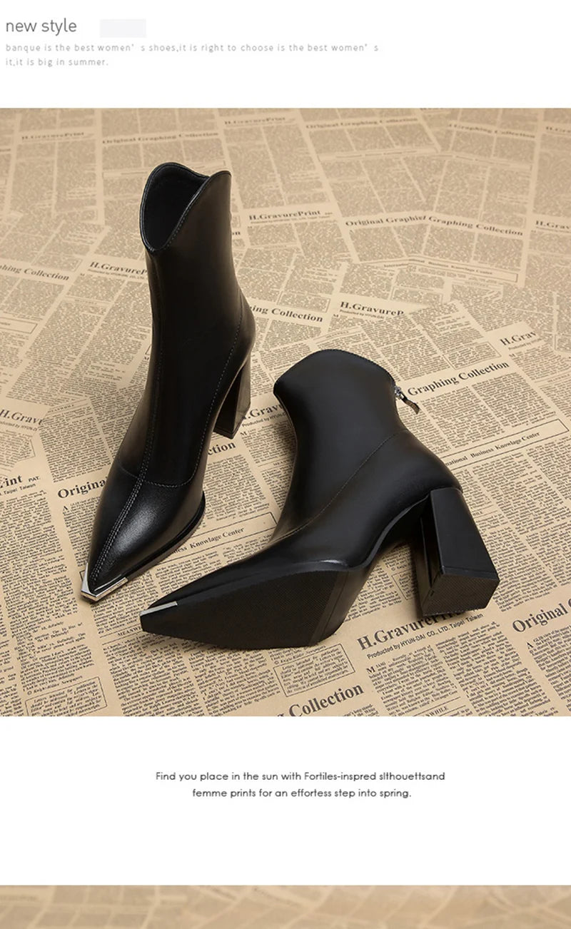Pointed Toe Women's Ankle Boots Fashion Back Zippers Short Botas Ladies Elegant Square High Heel Winter Women's Footwear