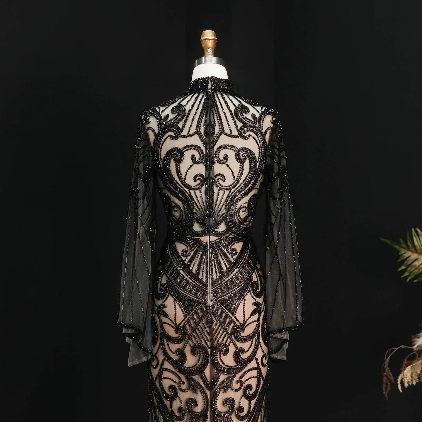 Sharon Said Dubai Black Evening Dress Geometric Beaded Pattern Long Flare Sleeve شارون سعيد Women Formal Prom Gown SS055 Custom