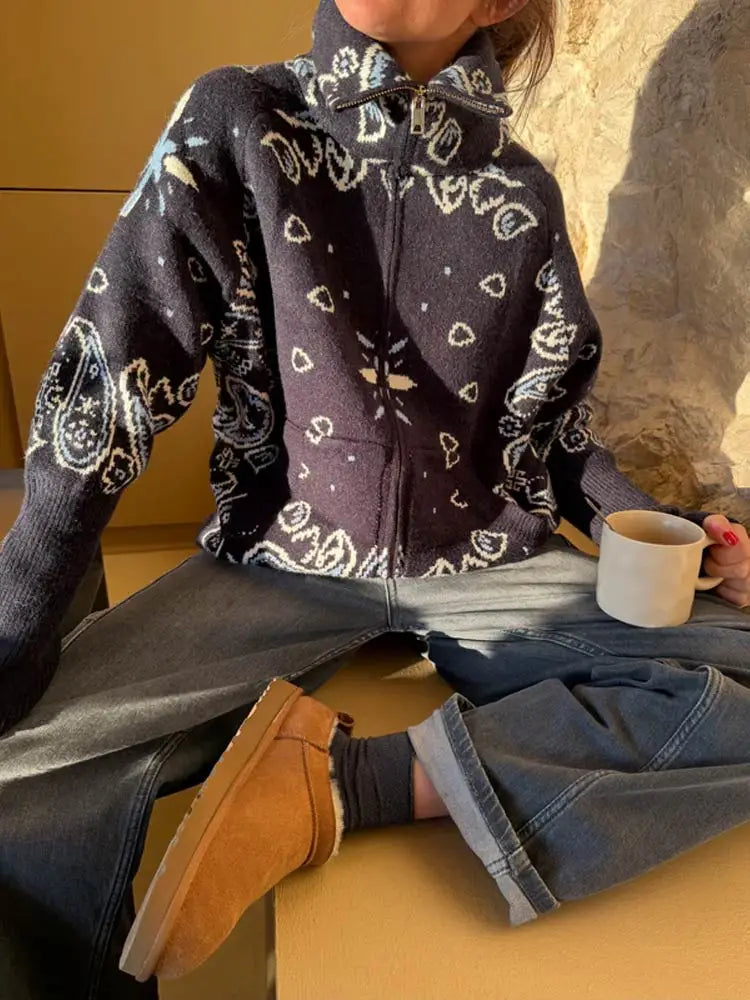 Jacquard Knitted Women's Cardigan Sweater Fashion Zipper Loose Pocket Casual Lady Sweaters 2026 Spring Street Long Sleeve Top