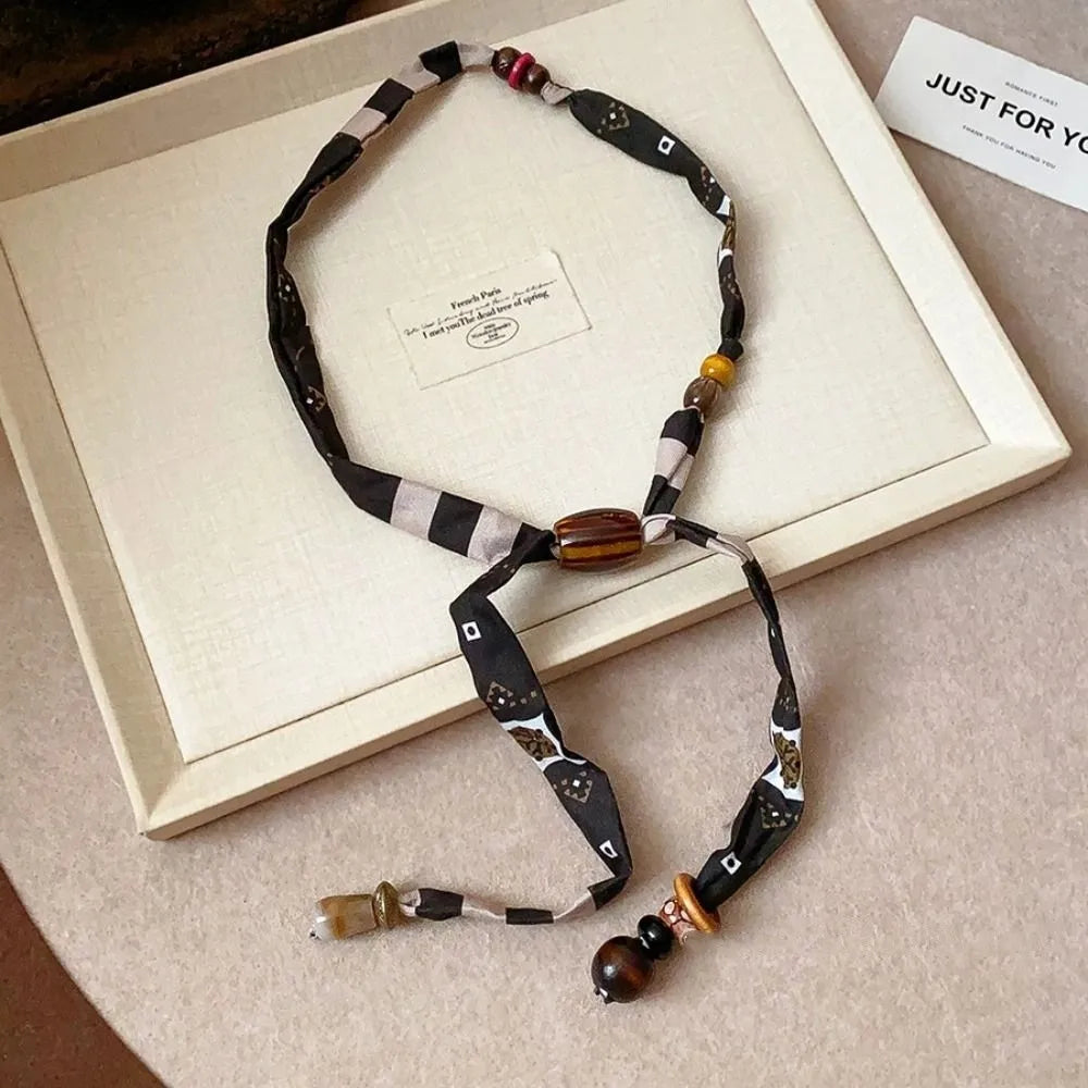 Strip Cloth Chain Necklace Multicolor Ethnic Style Wood Bead Necklace Jewelry Accessories Clavicle Chain Bohemian Choker Male