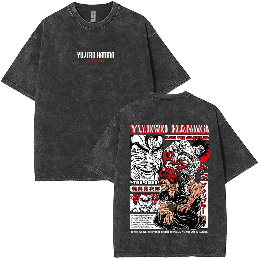 Washed Vintage Anime Baki Hanma Wake Up T-shirt Men Women Retro Manga Oversized T-shirts Men's Casual Cotton T Shirts Streetwear
