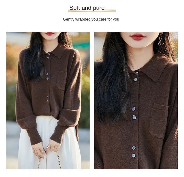 POLO Collar Wool Sweater 100 Pure Wool Spring And Autumn New Knitted Women Loose And Slimming Cardigan ZA682