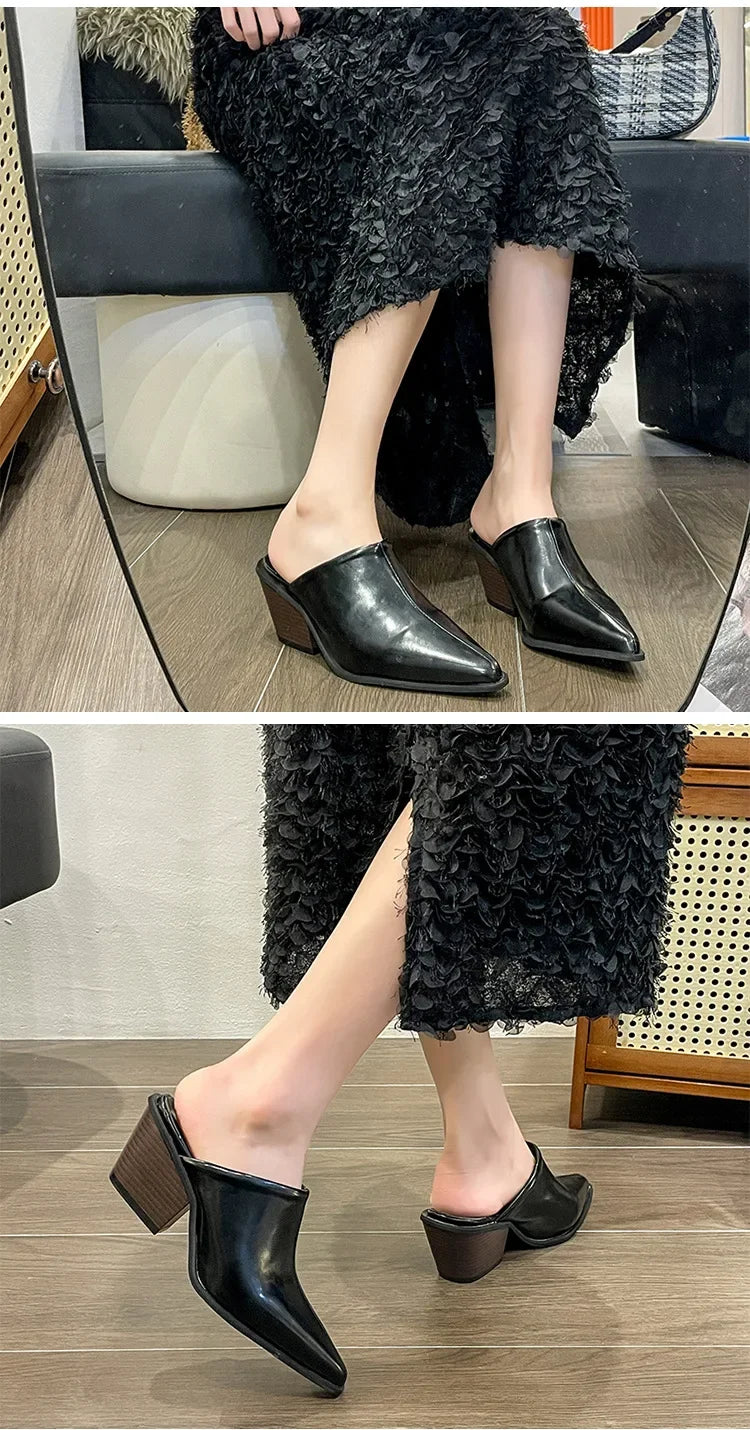 2024 Spring Summer New  Slippers Sexy Pointed Toe Slip on Shoes  Mules Female Fashion Thick Heel Outdoor Dress Sandals