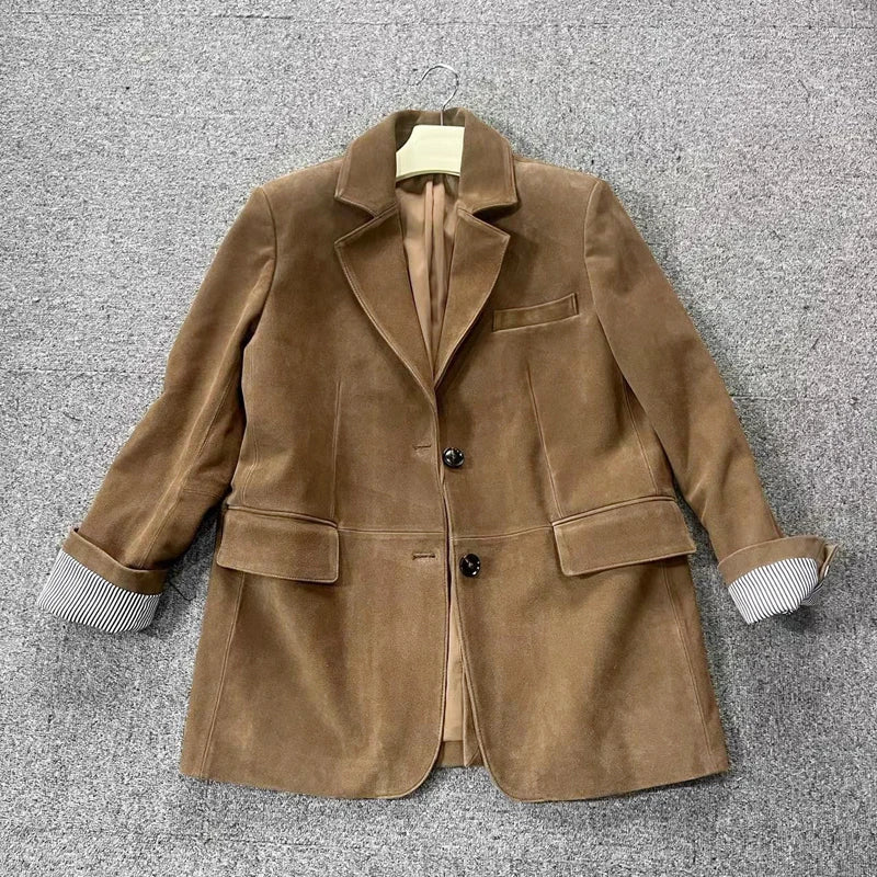 Retro Nubuck Suede Leather Suit Coat Women 2024 Autumn Winter Genuine Cow Suede Jacket Vintage Coffee Oversized Jacket Outwear