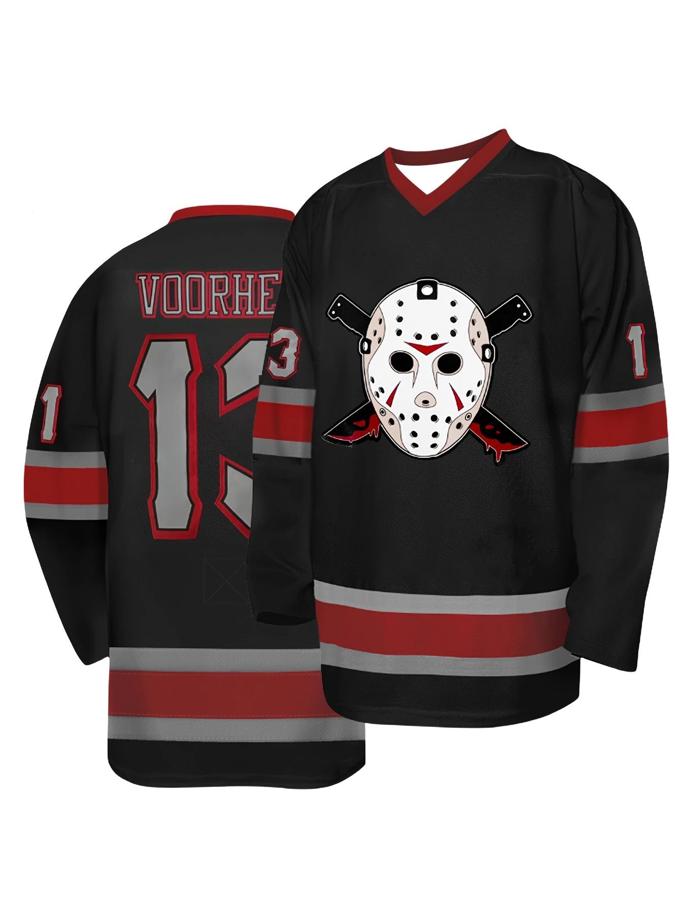Horror-Themed Hockey Jersey - Black with Red & Gray Accents, "Voorhees 13" Jason Mask & Crossed Knives Graphic Athletic Jersey