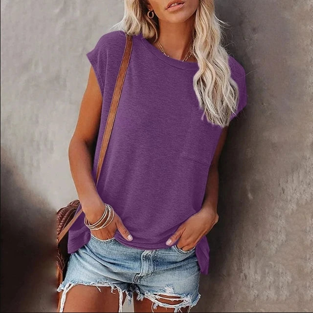 Summer Tops Fashion Clothes Women Casual Short Sleeve Pure Color Loose T-shirts Ladies Blouses Off Shoulder Round Neck Cotton