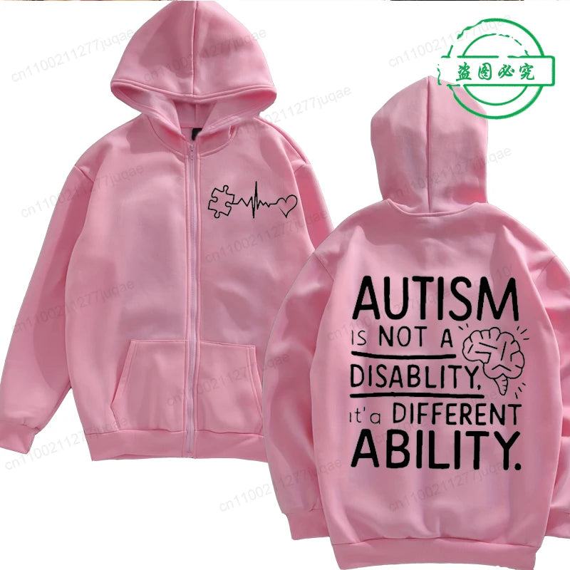 Autism Awareness Hoodie for Men Women, It's Not A Disability It's A Different Ability Zip Up Hoodies, Zipper Tracksuit Jackets
